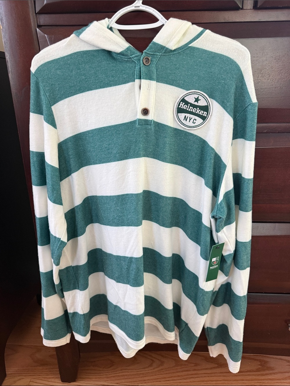 Heineken NYC Men's Green & White Striped Hooded Shirt